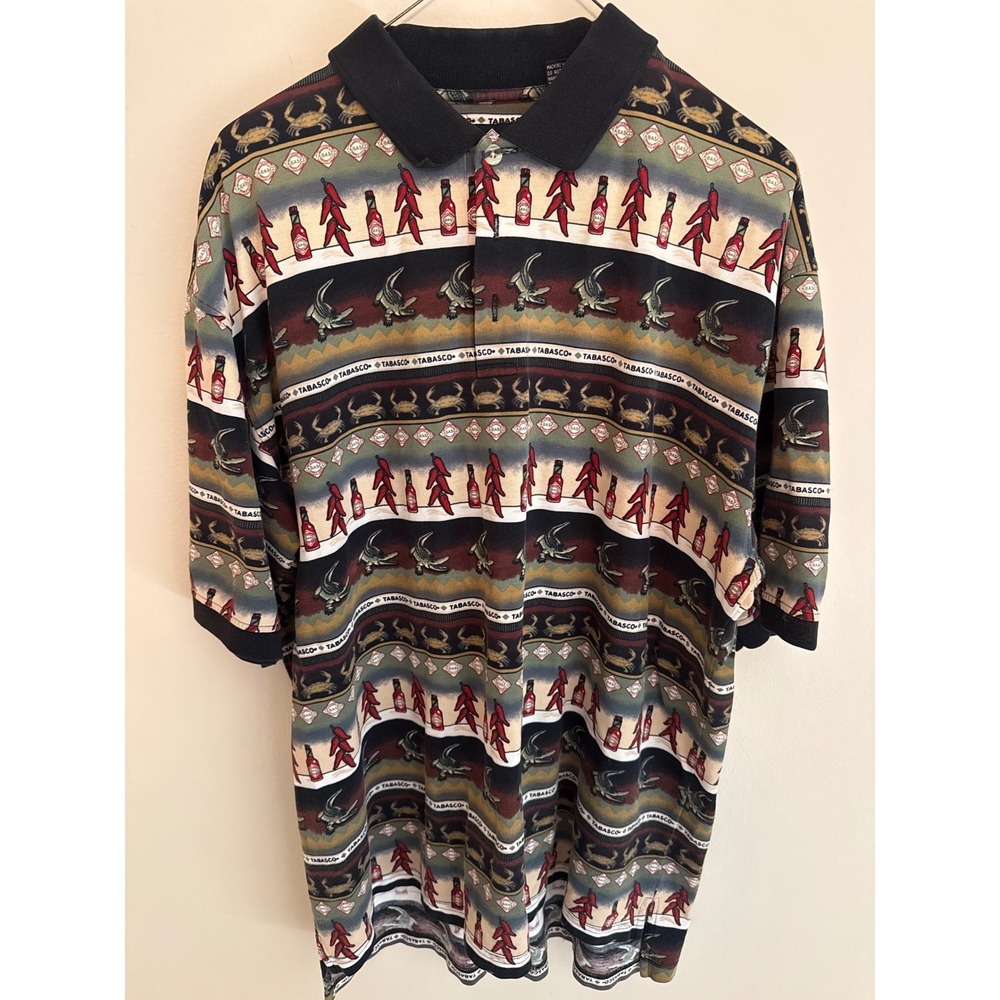 Tabasco Sportswear Mens XL Polo Shirt All Over Print Hot Sauce Peppers Crabs AOP